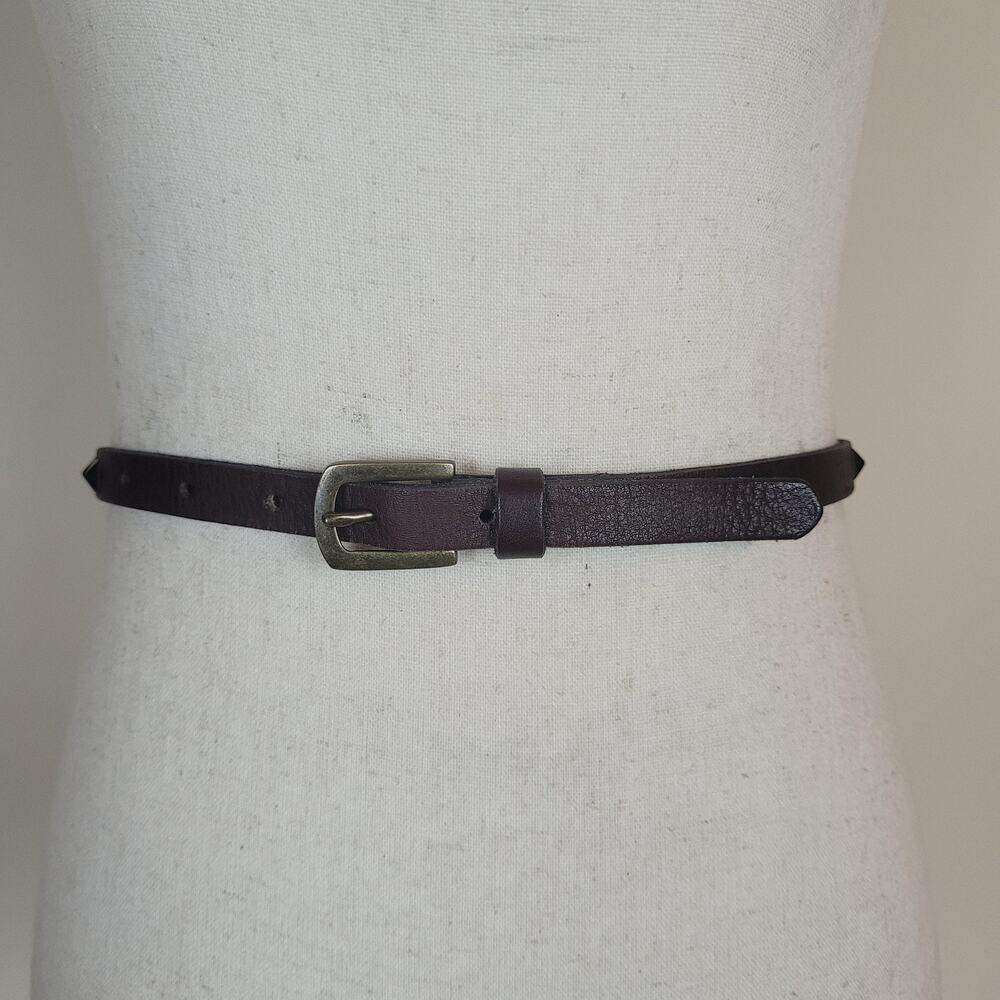 Brown Leather Belt Womens Medium Skinny Studded Brass Buckle Rock‎ Goth Punk
